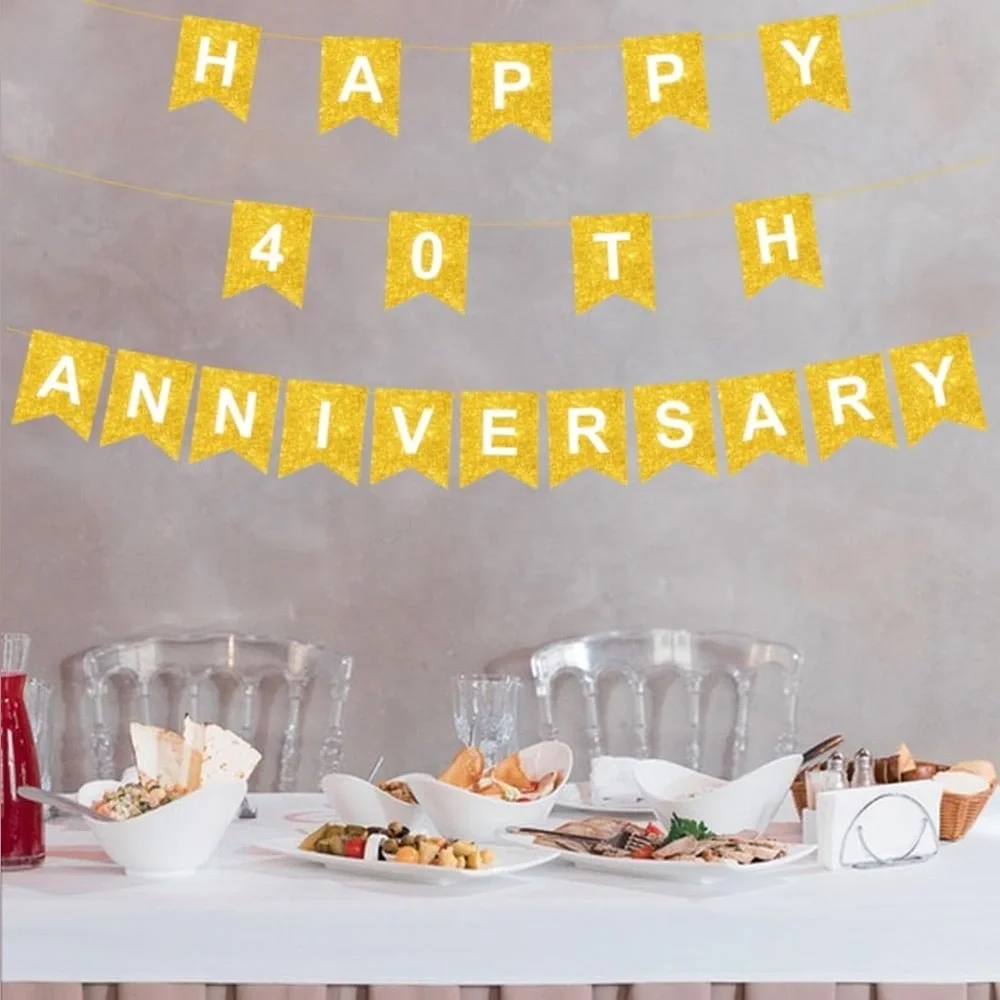 Happy 40th Anniversary Banner Gold Glitter Decorations Party Decor 10 ft